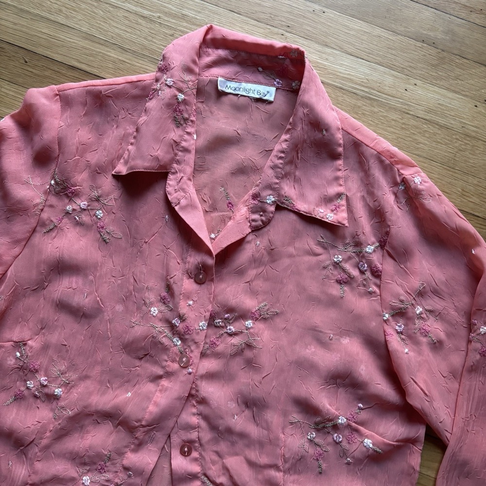 VTG Sheer Pink Top Women S/M Embroidered Floral 90s Cottagecore Fairy Romantic
